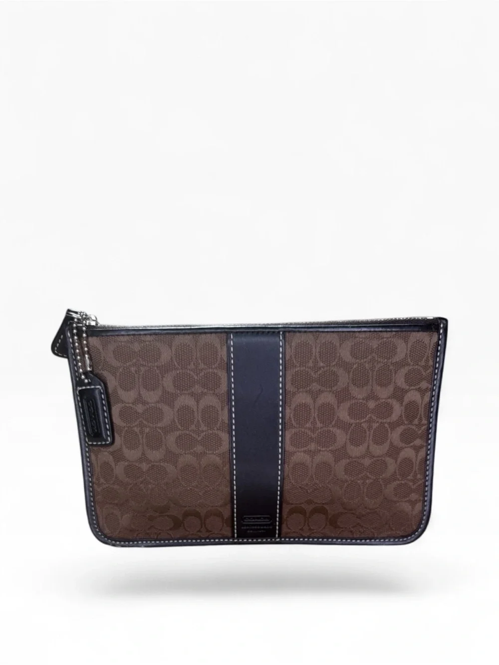Coach Brown Signature Canvas Pouch with Dark Brown Center Stripe